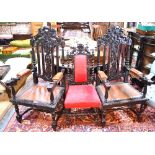 A set of six late 19th century stained carved oak dining chairs in the 17th century style having