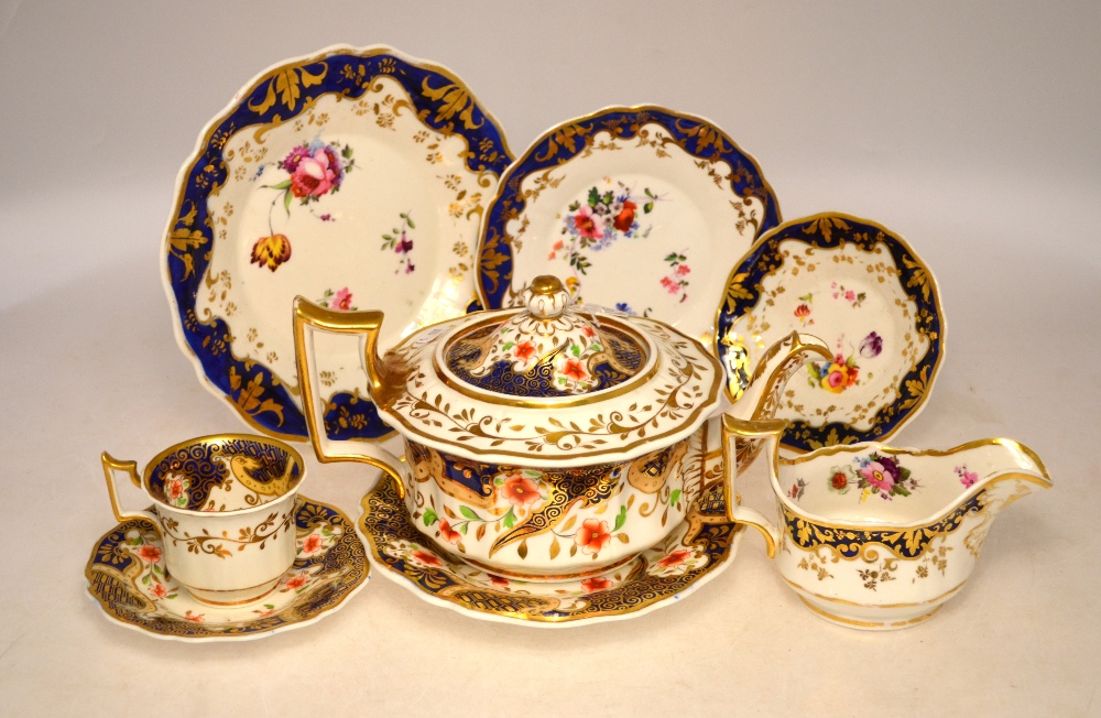 Ridgway tea and dessert wares decorated in mazarine blue and gilt with handpainted floral displays, - Image 3 of 6