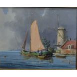 A de Groote (1892-1947) - Dutch view with boats and windmill, oil on panel, signed lower left,