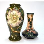 Two Moorcroft contemporary vases - baluster vase, olive green ground,