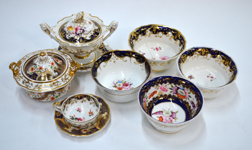 Ridgway tea and dessert wares decorated in mazarine blue and gilt with handpainted floral displays, - Image 5 of 6