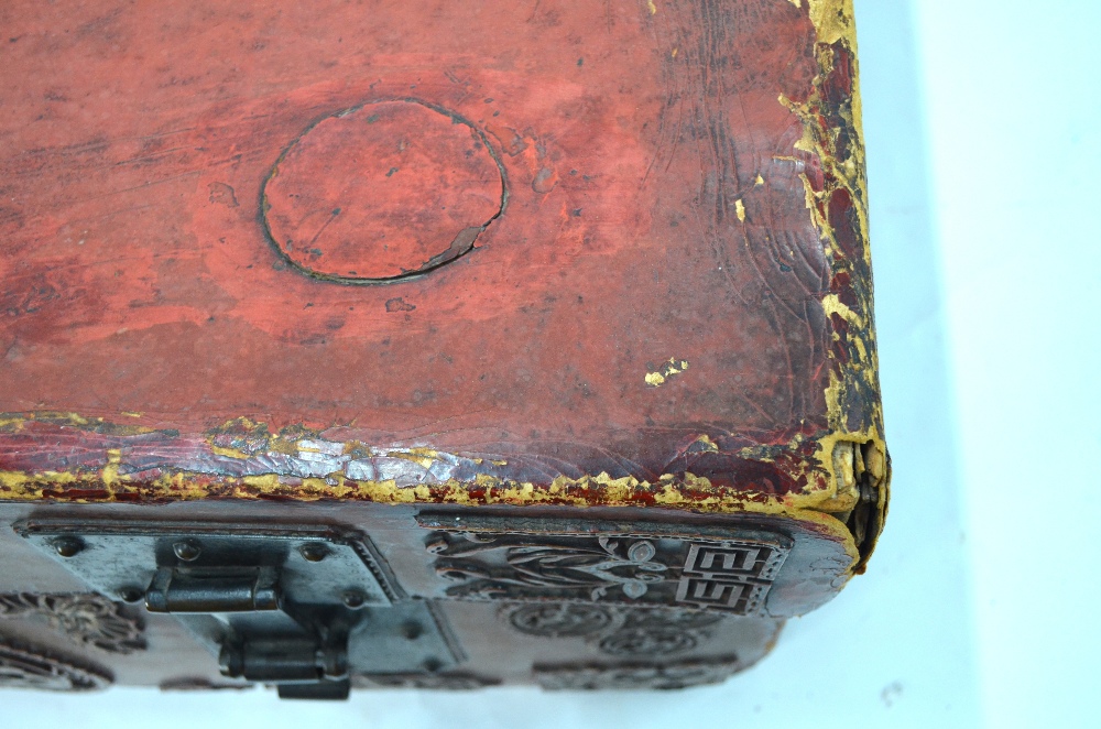 A Chinese red leather chest and cover of rectangular form, - Image 5 of 12