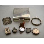 A silver cigarette box, London 1919, to/w a 'Trusty Servant' matchbox cover, rouge pot,