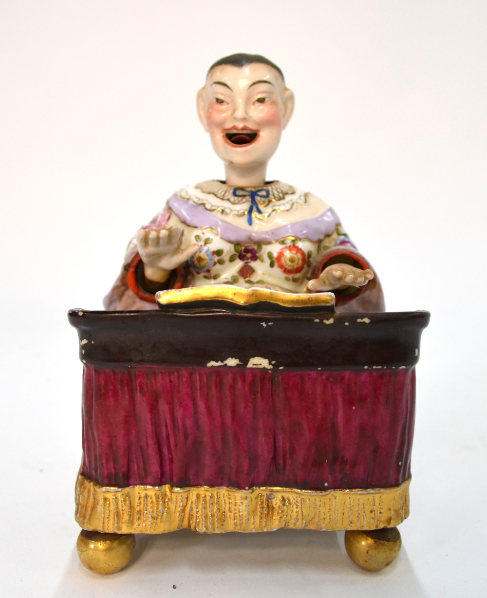 A Dresden-style Chinoiserie figure of a seated piano player with articulated head and arms, - Image 2 of 9