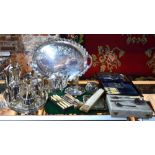 A foliate engraved electro plated oval tray by Walker & Hall to/w a quantity of tea wares, flatware,