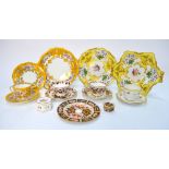 A small collection of Derby teawares comprising: a yellow ground hexagonal shallow bowl and