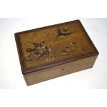 A late 19th/early 20th century cross banded and pictorial decorated olive wood box,