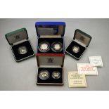 Two silver proof Piedfort fifty pence, a Piedfort ten pence and five pence,