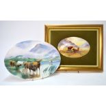 Two oval ceramic plaques; each one depicting Highland Cattle.