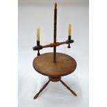 An unusual 19th century walnut/fruitwood silk weavers tripod table with spiral adjustable twin
