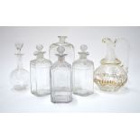 A pair of early 19th century square spirit decanters with canted corners, cut shoulders,