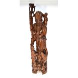 A large wood sculpture of Shoulao, The Daoist Deity standing with boys beside his stag, 97 cm high,