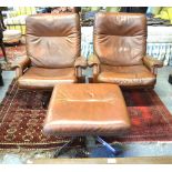 Howard Keith - a pair of vintage brown leather armchair raised on chrome plated swivel bases to/w a