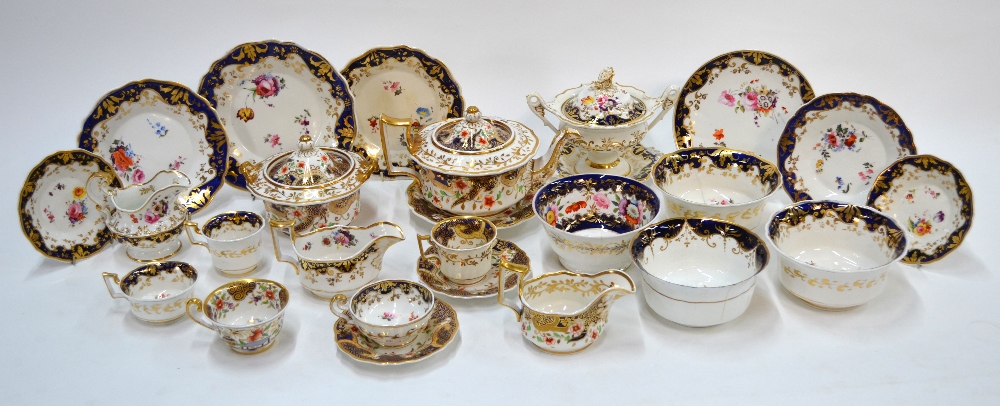 Ridgway tea and dessert wares decorated in mazarine blue and gilt with handpainted floral displays,