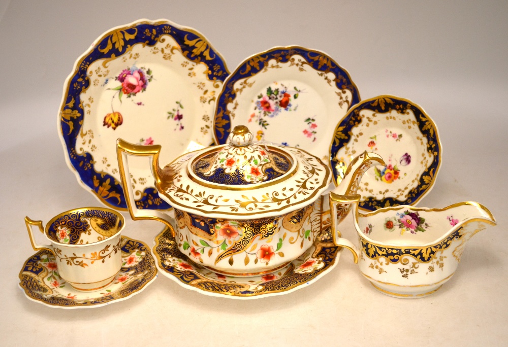 Ridgway tea and dessert wares decorated in mazarine blue and gilt with handpainted floral displays, - Image 4 of 6