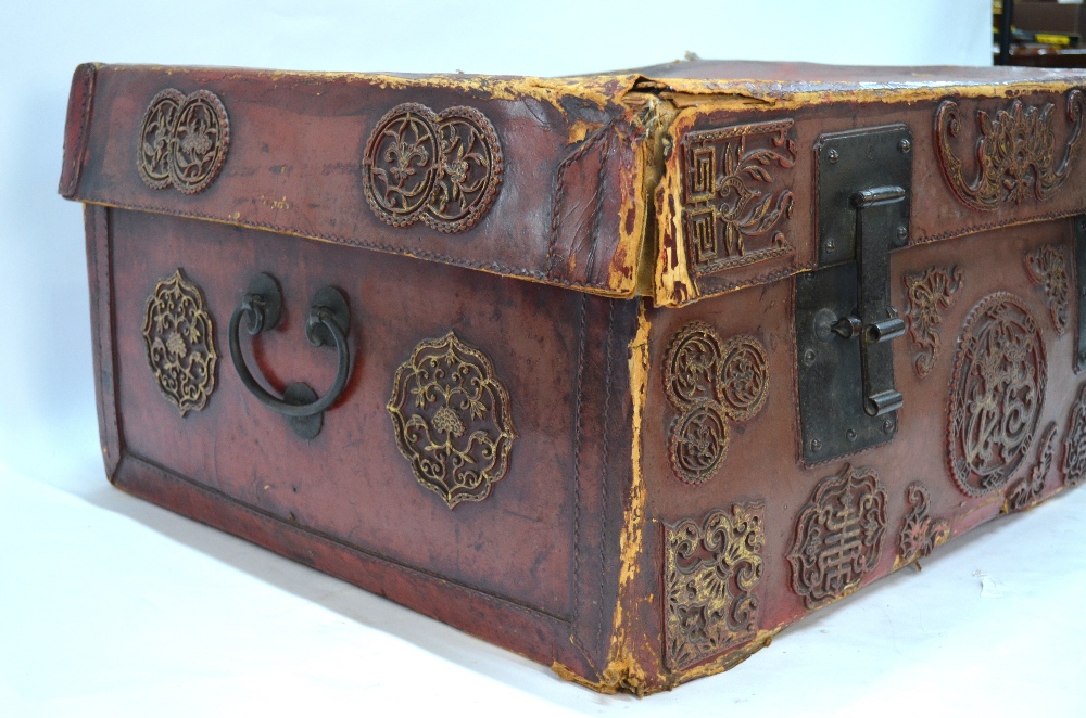 A Chinese red leather chest and cover of rectangular form, - Image 9 of 12