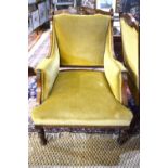 A pair of inlaid rosewood framed late 19th century upholstered salon armchairs,