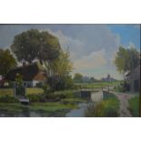 English school - Thatched cottage beside pond with bridge, church in distance,