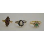 A collection of three 9ct cluster rings, one set with garnet, one set with sapphire and opal,