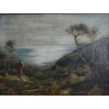 French school - Impressionistic landscape with figure looking towards coast, oil on canvas,