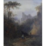 Shayer Snr attrib - Figures on a valley path with castle on hill in distance, oil on panel,