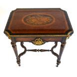 A 19th century ormolu mounted and inlaid walnut and ebonised side table having a shaped drop leaf