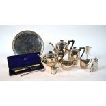 An electroplated half-reeded four-piece tea service with matched coffee pot,