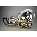 An oblong electroplated three-piece tea service with gadrooned rims William Hutton & Sons,
