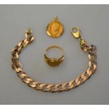 A 9ct yellow gold filed curb bracelet to/w yellow metal Madonna pendant and yellow metal Madonna