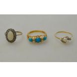 Two 9ct dress rings - one set synthetic turquoise and cultured pearl,