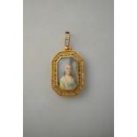 French gold chamfered rectangular locket style pendant featuring a finely painted miniature of an