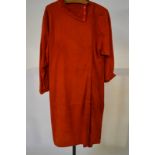 1970's leather garments by Josephine - a coral red suede shirt dress with cowled neck,