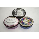 Three Georgian Battersea-style oval enamel 'love token' patch-boxes with mirror-backed covers:-