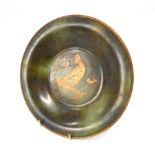 A Danish Art Deco verdigris-patinated bronze plate, decorated with the Queen of the Mermaids,