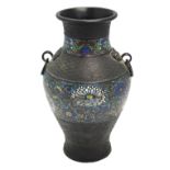 A Japanese bronze and enamel vase with loose-ring handles,