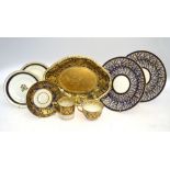 A pair of Bloor Derby saucers decorated with blue and gilt bands,