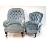 A Victorian button backed serpentine armchair raised on turned mahogany front legs to white ceramic