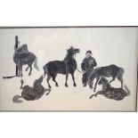 A picture of a Chinese groom with five horses; overall dimensions including frame,