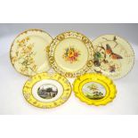 Five assorted Crown Derby plates including one yellow ground fluted plate handpainted to the centre