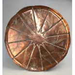 An Arts & Crafts copper tray by W A S Benson of lily pad form and engraved with flowers,