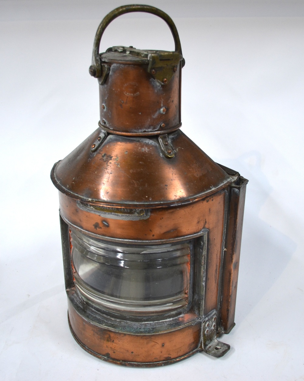 A copper marine quadrant lamp, 'Bow Starboard Patt 24', with original spirit lamp,