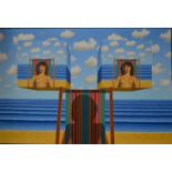 ** Anthony John Gray (b 1946) - Sunbathing women on striped deck chairs, oil on canvas,