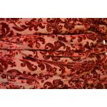 A pair of deep red velvet damask curtains, with black-out lining and inter-lining,