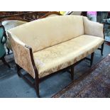 A George III mahogany framed sofa with arched back and shaped arms, overstuffed upholstery,