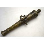 An antique bronze (possibly 17th century) signal cannon barrel with dolphin brackets,