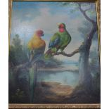 Continental school - A pair of exotic parrots on a branch in a landscape, oil on canvas,