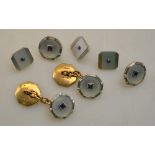 A pair of white and yellow metal cufflinks to/w five dress buttons all with mother of pearl centres