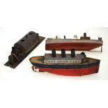 A Japanese CK tinplate steam-launch, 32 cm to/w a three-funnel clockwork cruise ship,