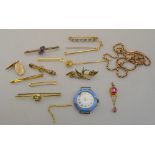 A lot containing four plain tie pins, five bar brooches set with diamond, amethyst, peridot,