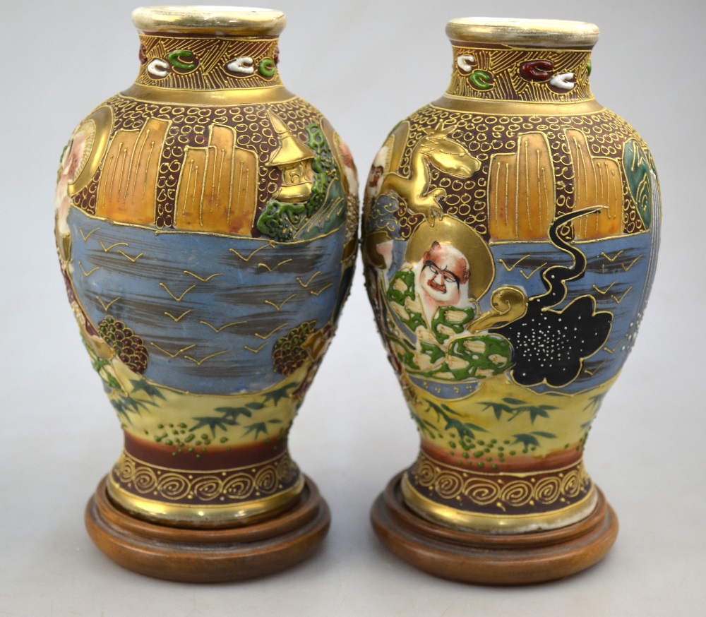 A pair of Satsuma-style vases; each one decorated with Rakan in high relief; - Image 2 of 5